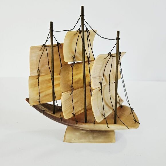 Vintage Hand Carved Ox Horn Wire Nautical Triple Mast Sailing Ship Schooner Boat - Picture 3 of 11
